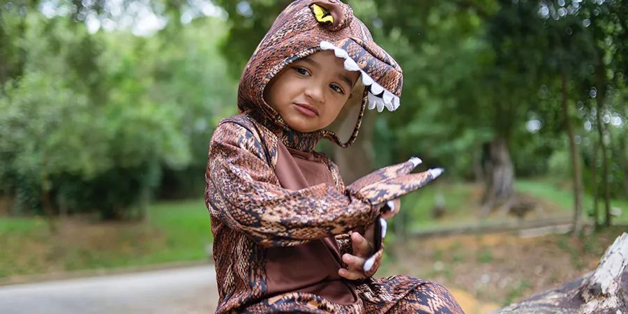 Mali dečak u kostimu dinosaursa, pozira u parku.