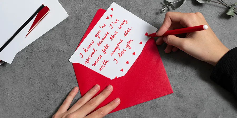 Pismo Deda Mrazu, na crvenoj koverti. Vide se šake koje završavaju pisanje pisma na sivom stolu.